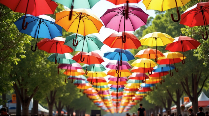 Mais de mil guarda-chuvas decoram o espaço compondo uma atmosfera de alegria e comodidade