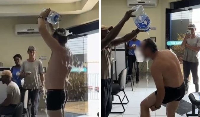 Vídeo: Sem água há cinco dias, homem 'toma banho' em saguão da Copasa durante protesto