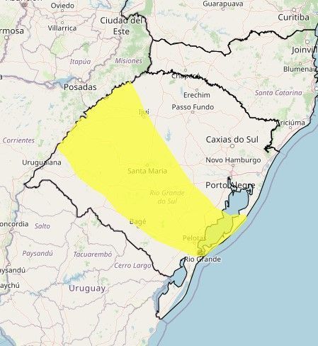 Regiões em amarelo estão sob alerta de perigo potencial para chuva acumulada