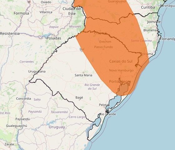 Regiões em laranja estão sob alerta de perigo para tempestades