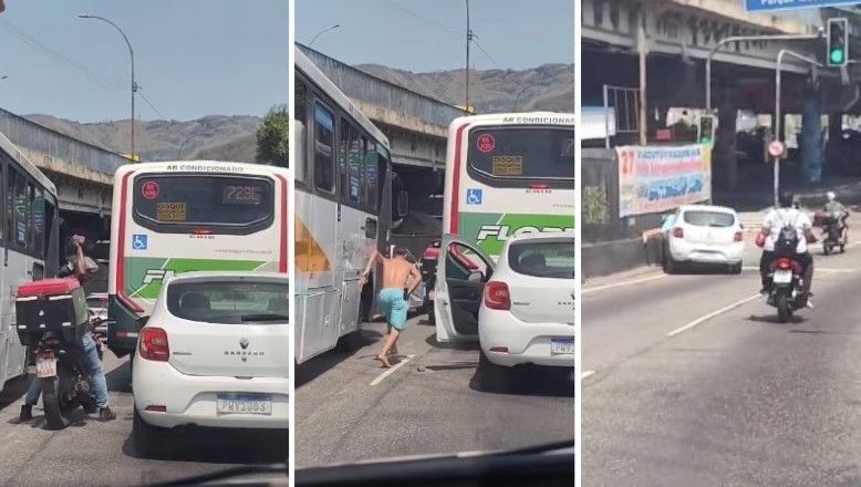 Vídeo: Motorista abandona carro durante briga de trânsito e veículo bate 'sozinho' em mureta no RJ