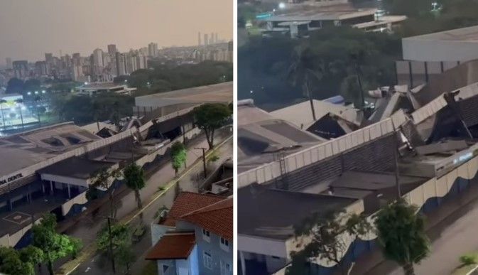 Vídeo: chuva forte faz desabar parte do teto de arena do Praia Clube, em Uberlândia (MG)