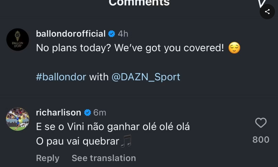 Richarlison interage com perfil do Bola de Ouro: ‘Se o Vini não ganhar…’