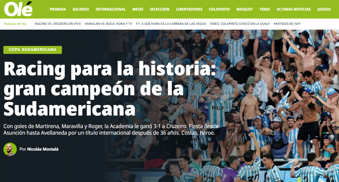 Racing campeão sobre o Cruzeiro: veja manchetes da imprensa argentina