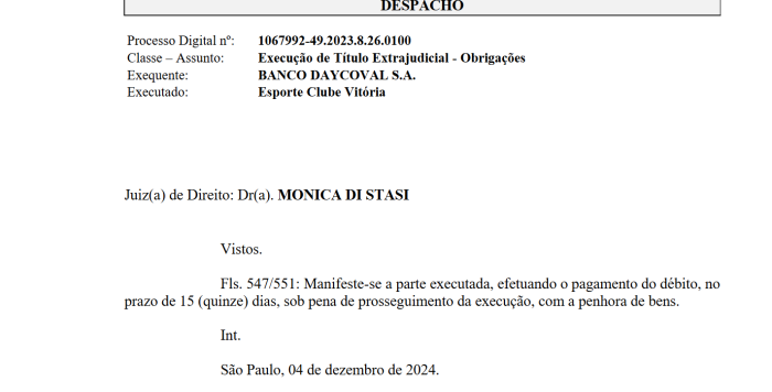 Decisão do TJSP pede que o Vitória se manifeste sobre dívida com banco