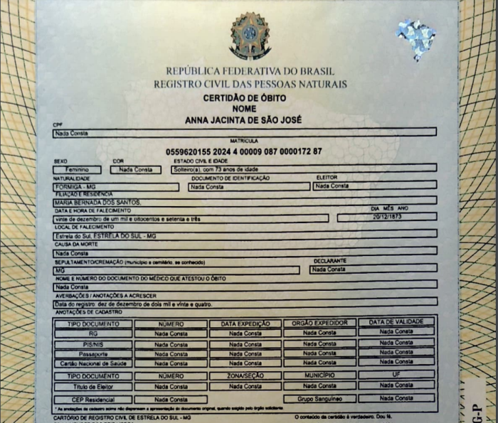Reprodução da Certidão de Óbito de Anna Jacinta de São José, a Dona Beja