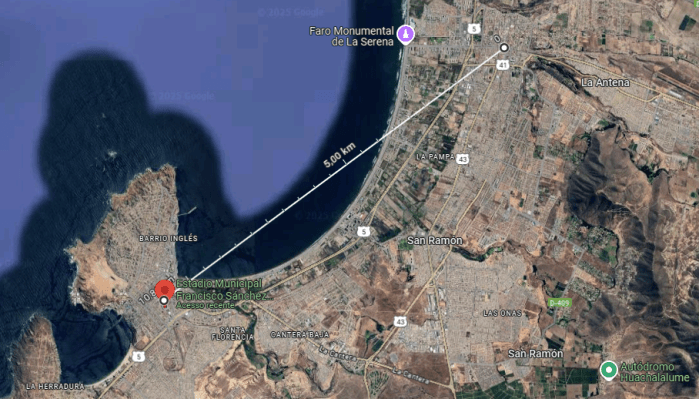 Distância entre La Serena (um dos locais onde sentiu-se o tremor) e o Estádio Francisco Sánchez Rumoroso (palco do confronto entre Palestino e Cruzeiro)
