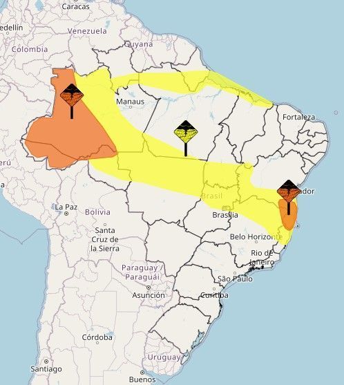 Áreas em laranja estão sob alerta de perigo para chuvas intensas