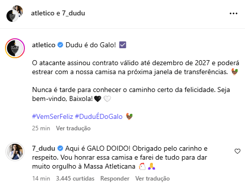 Dudu comenta publicação de anúncio no Atlético
