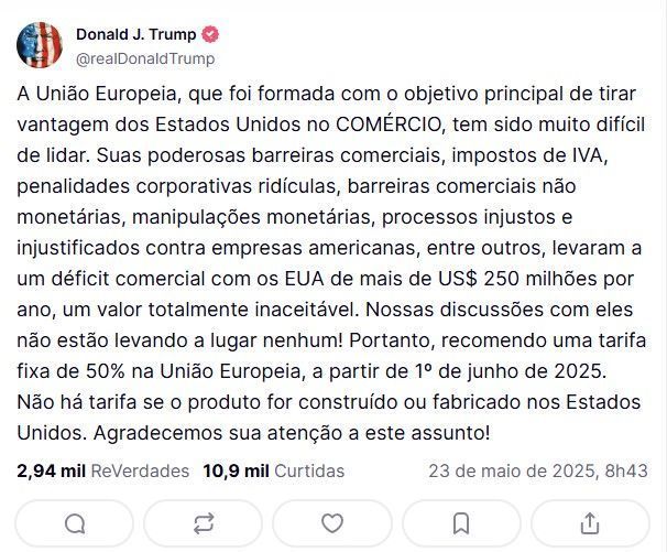 Donald Trump anunciou taxa de 50% em produtos da União Europeia Donald Trump anunciou taxa de 50% em produtos da União Europeia