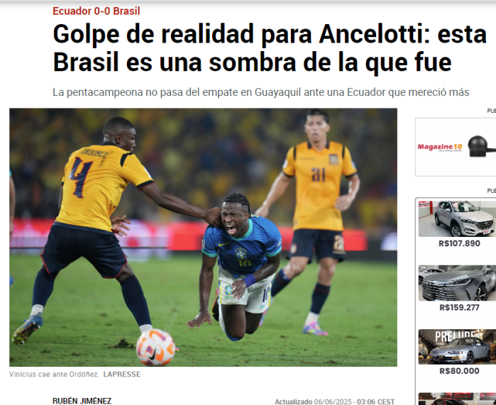 Publicação do jornal Marca sobre estreia de Ancelotti na Seleção Brasileira Publicação do jornal Marca sobre estreia de Ancelotti na Seleção Brasileira