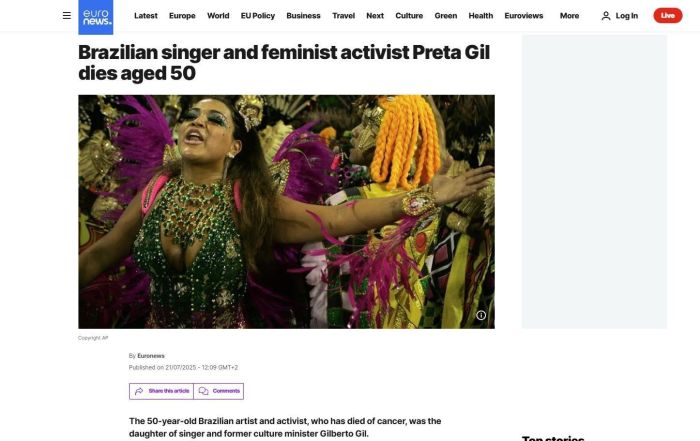 A morte de Preta Gil repercutiu na imprensa internacional