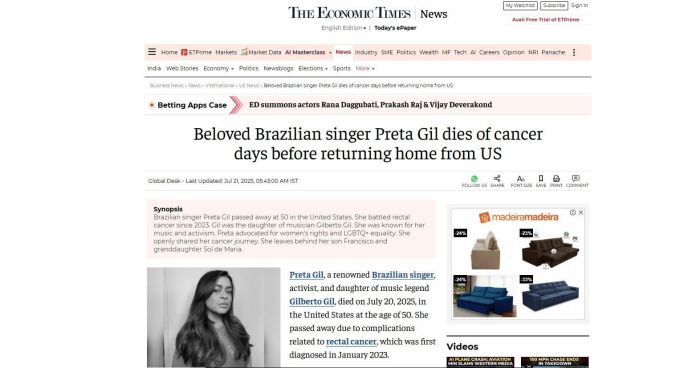 A morte de Preta Gil repercutiu na imprensa internacional