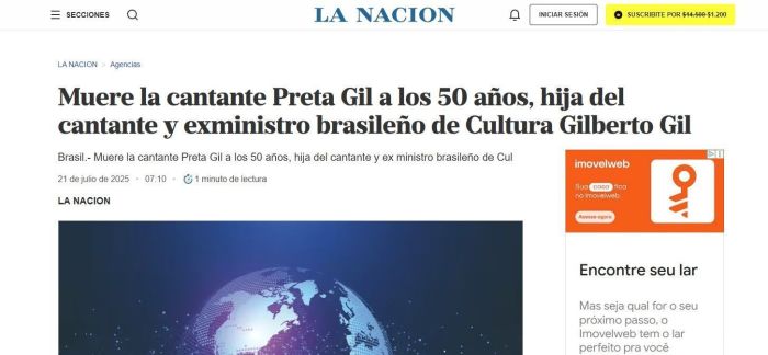 A morte de Preta Gil repercutiu na imprensa internacional