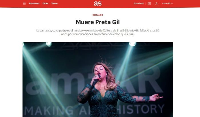 A morte de Preta Gil repercutiu na imprensa internacional