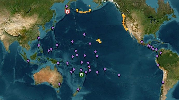 Alertas de tsunami pelo Centro de Alerta de Tsunami dos Estados Unidos às 10h56 do dia 30/07/2025