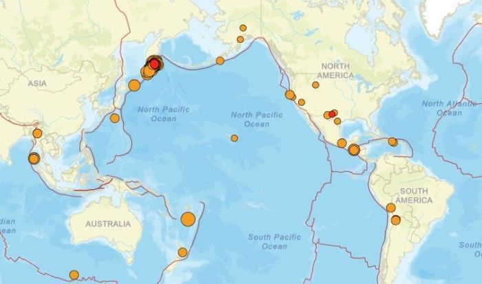 Terremotos registrados nas últimas horas após o que atingiu a Rússia. Imagem tirada às 10h57 do dia 30/07/2025 do Serviço Geológico dos Estados Unidos