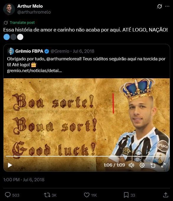 Tuíte de Arthur se despedindo do Grêmio em 2018