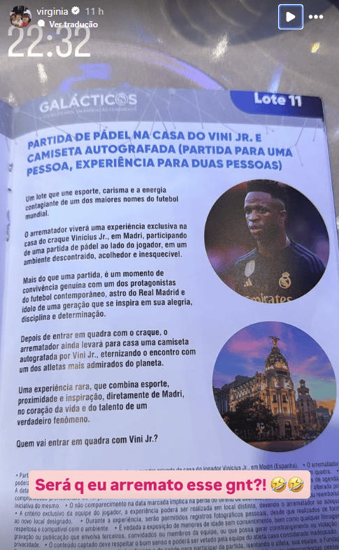 Virginia mostra lote de experiência com Vini Jr. em leilão de Ronaldo