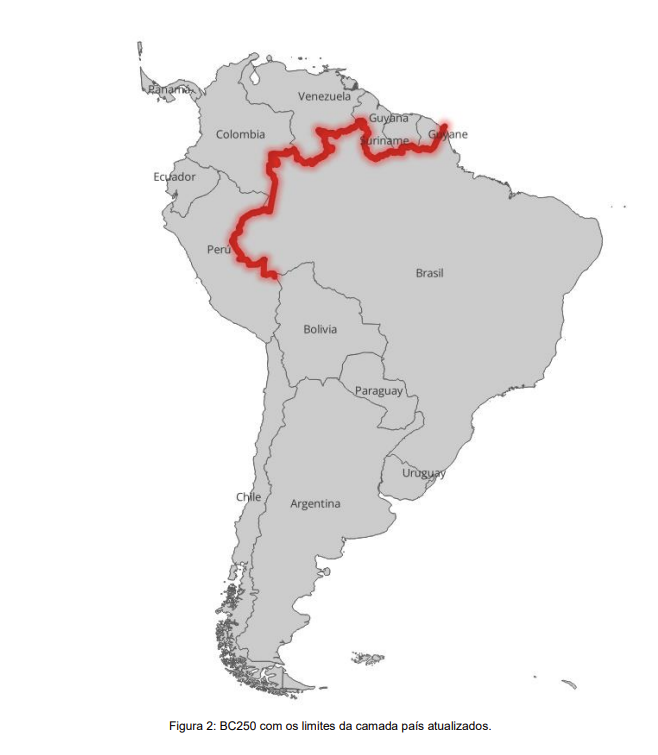 Fronteira do Brasil, segundo a sétima edição da Base Cartográfica Vetorial Continua do Brasil, a BC250