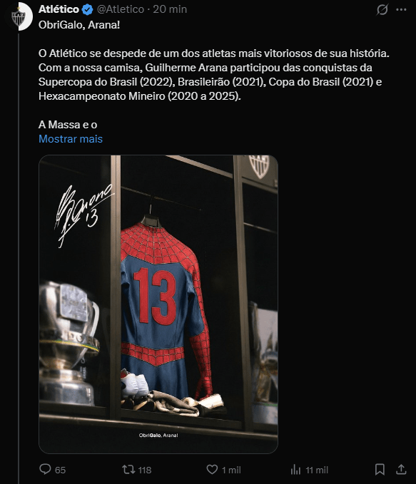 Atlético se despede de Arana