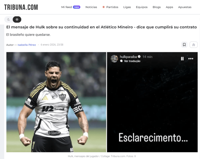 Matéria do Tribuna sobre a novela envolvendo Hulk, Atlético e Fluminense