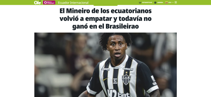 Publicação do Diário Olé, do Equador, sobre o início ruim de temporada do Atlético em 2026