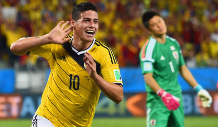 James Rodríguez, um dos destaques da competição, comemora gol da Colômbia contra o Japão na fase de grupos da Copa do Mundo de 2014