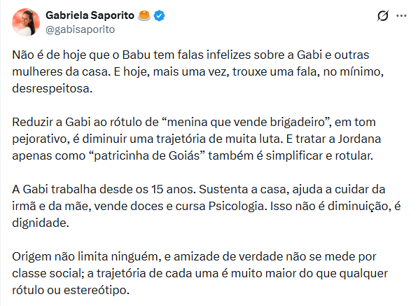 Pronunciamento da equipe de Gabriela do BBB 26