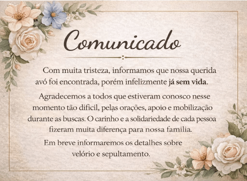 Família lamenta morte de idosa desaparecida desde terça-feira (17) em Belo Horizonte