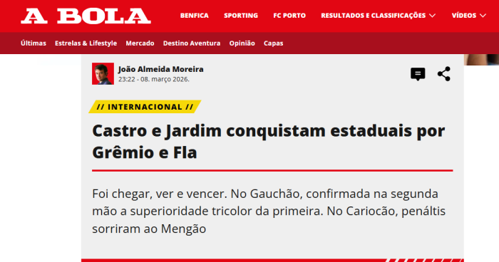 Jornal 'A Bola', de Portugal, repercute títulos estaduais de Luís Castro e Leonardo Jardim por Grêmio e Flamengo