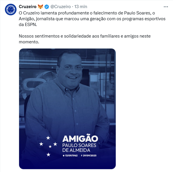 Cruzeiro lamentou a morte de Paulo Soares, o Cruzeiro lamentou a morte de Paulo Soares, o