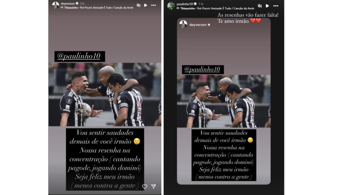 Deyverson publicou mensagem para Paulinho nas redes sociais