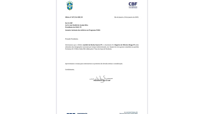 Oficio da CBF que afasta o árbitro Jardiel Soares e o assistente Rogério Braga por tempo indeterminado
