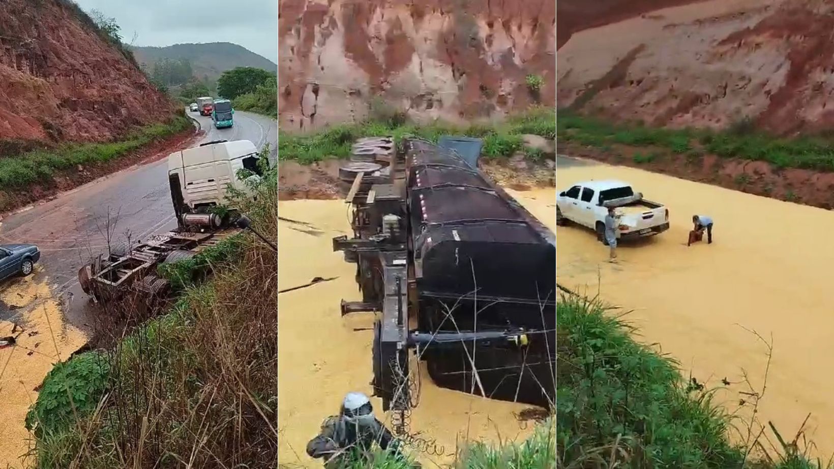 Carreta carregada com milho tomba na BR-262 e interdita trânsito no interior de MG; veja vídeo