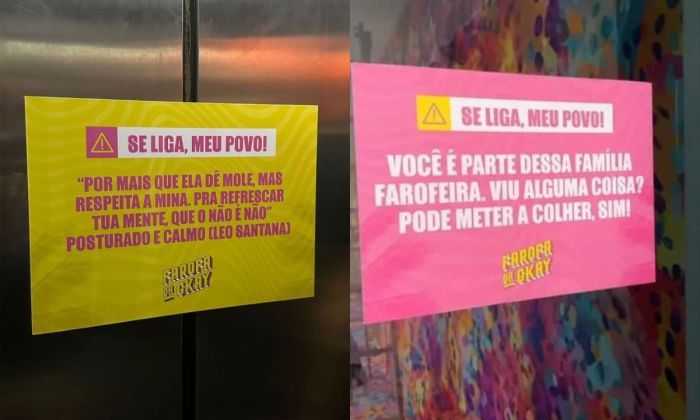 Cartazes espalhados na Farofa da Gkay 2023 contra o assédio