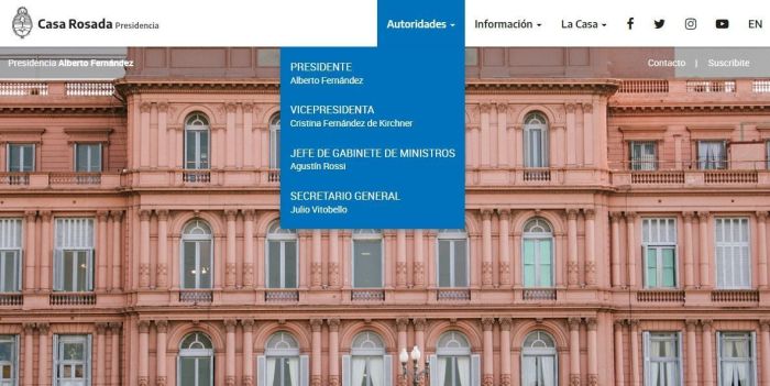 Site da Casa Rosada ainda exibe nomes de integrantes da administração anterior