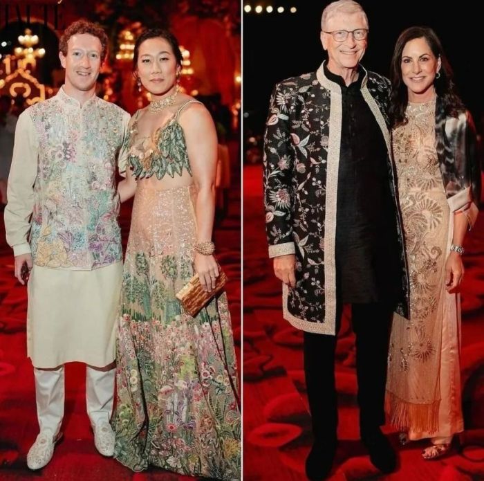 Na lista de convidados, estavam celebridades como Mark Zuckerberg e Bill Gates que compareceram ao pré-casamento Na lista de convidados, estavam celebridades como Mark Zuckerberg e Bill Gates que compareceram ao pré-casamento
