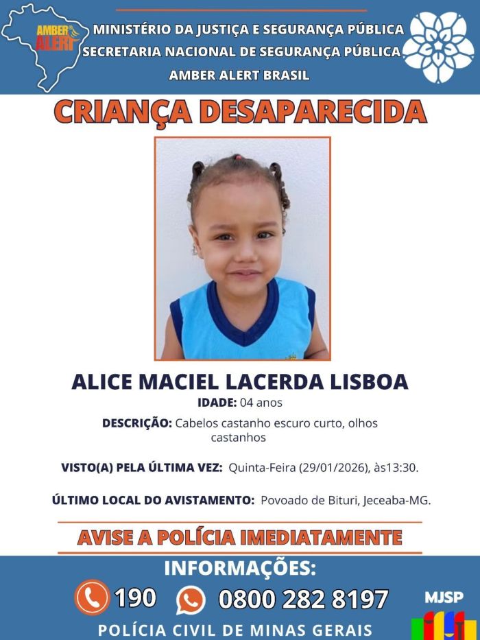 Alice Maciel Lacerda Lisboa, de 4 anos, sumiu na tarde dessa quinta-feira (29) no distrito de Bituri, na zona rural de Jeceaba, na Região Central do estado.