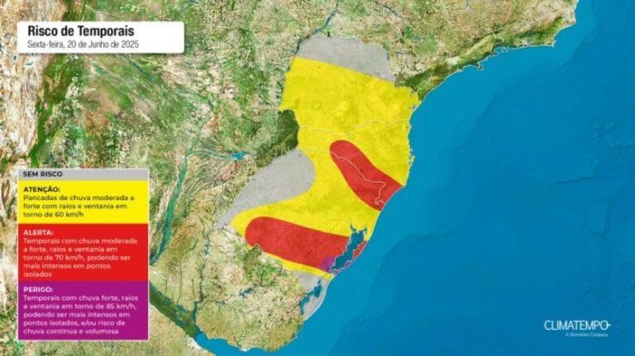 Há alerta para temporais no norte do Rio Grande do Sul e no sudeste de Santa Catarina.