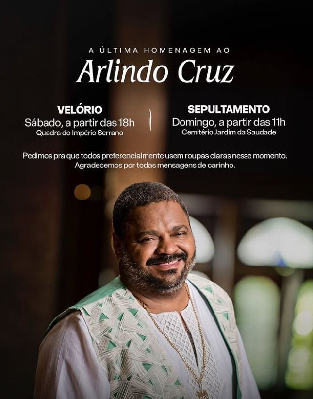 Corpo de Arlindo Cruz será velado com roda de samba aberta ao público neste sábado.
