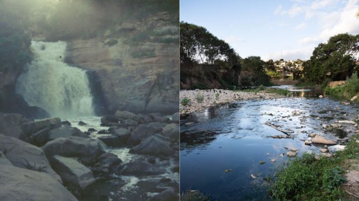 Imagens mostram o Ribeirão Onça em dois tempos: à direita, uma foto de 2024; à esquerda, registros das décadas de 1950 e 1960
