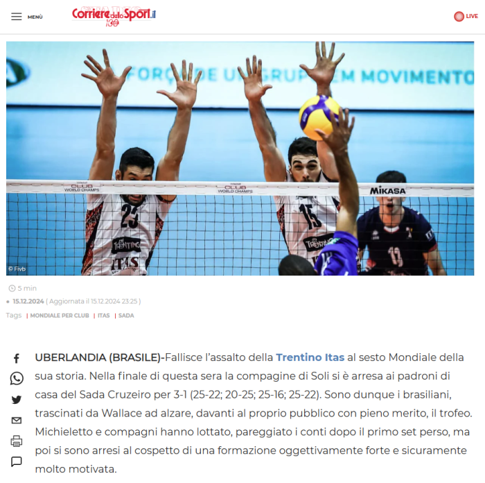 Jornal italiano destacou a força do Sada Cruzeiro contra o Trentino