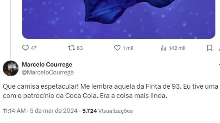 Publicação de Courrege no X com elogios à nova camisa cruzeirense