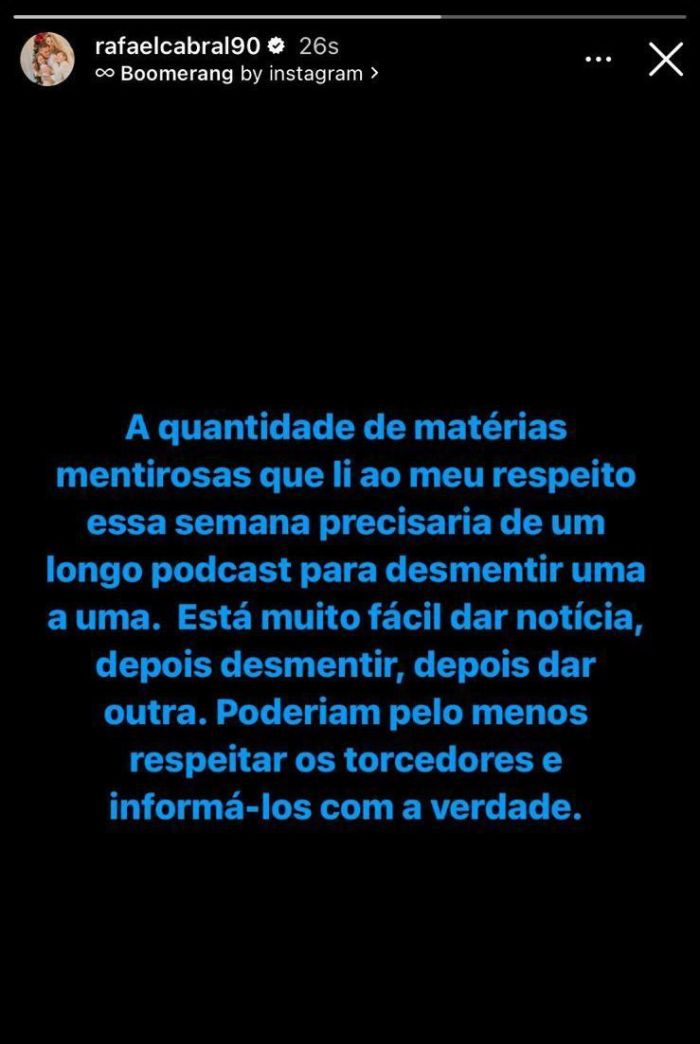 Rafael Cabral posta mensagem na rede social sobre sua situação 