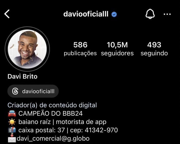 Davi chegou a bater a marca de 10,5 milhões de seguidores