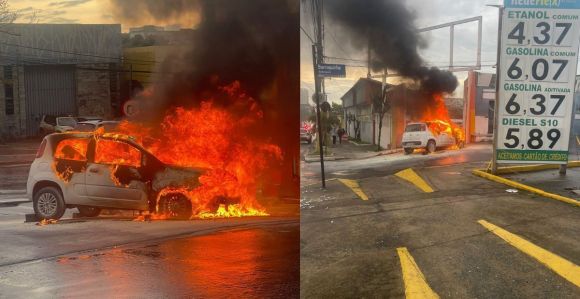 Carro em chamas próximo a posto de combustível na Av. Amazonas em BH