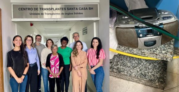 Dona Pautilha ao lado da equipe médica e rádio que escutava Itatiaia após a cirurgia