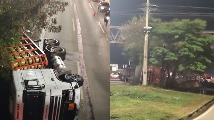 Caminhão tombado com botijões de gás