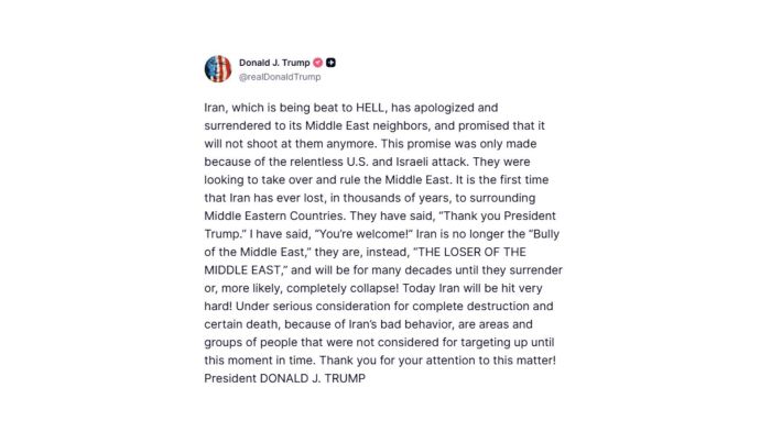 Texto foi divulgado na Truth Social 